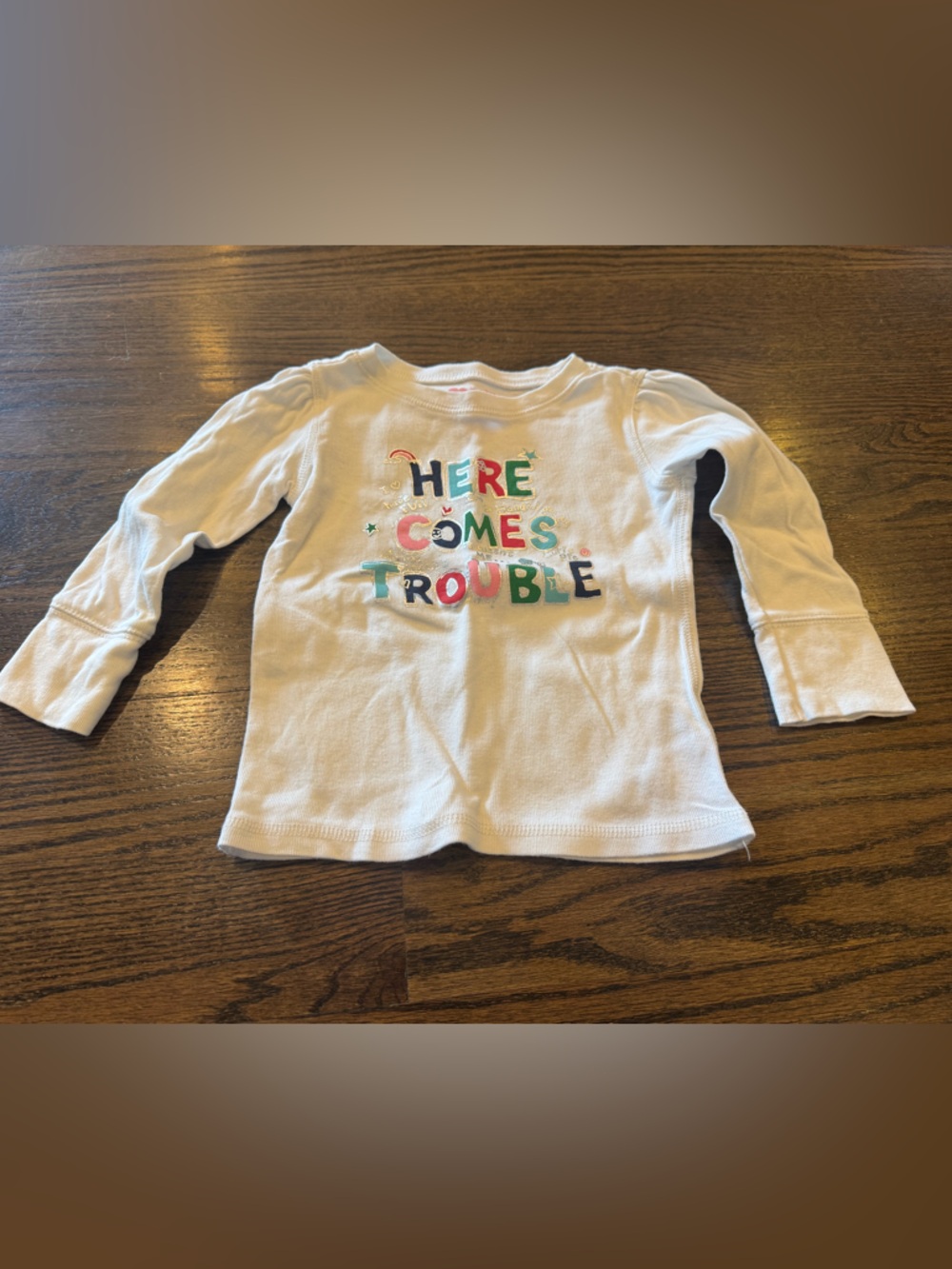 GAP White Long Sleeve Tee with Colorful 'Here Comes Trouble' Graphic